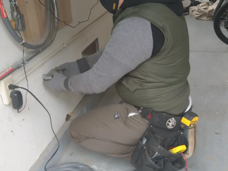 Electrician performing outlet wiring in a Ellicott City garage